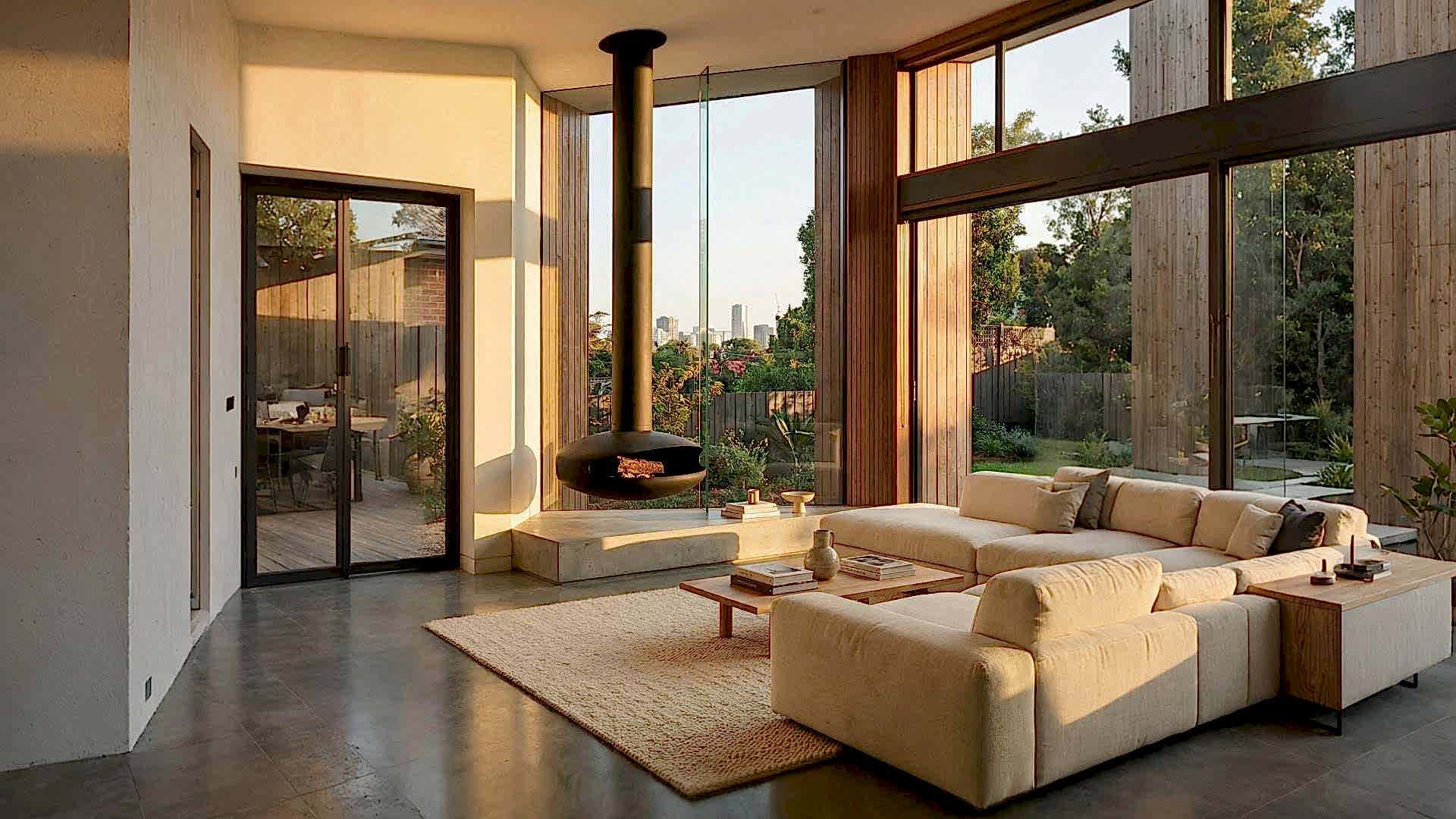 Modern mimari için tavandan asılı asma şömine modelleri ve Dekortaş orta tip şömine tasarımı.