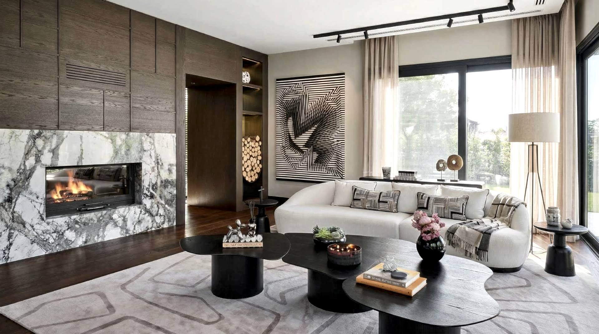 Dekortaş İzmir fabrikasında üretilen modern odunlu şömine modelleri ve şık salon tasarımı.