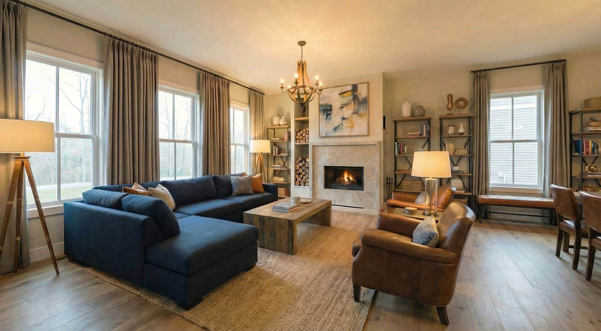 Dekortaş klasik tarz mermer ve doğal taş kaplamalı odunlu şömine dekorasyonu.