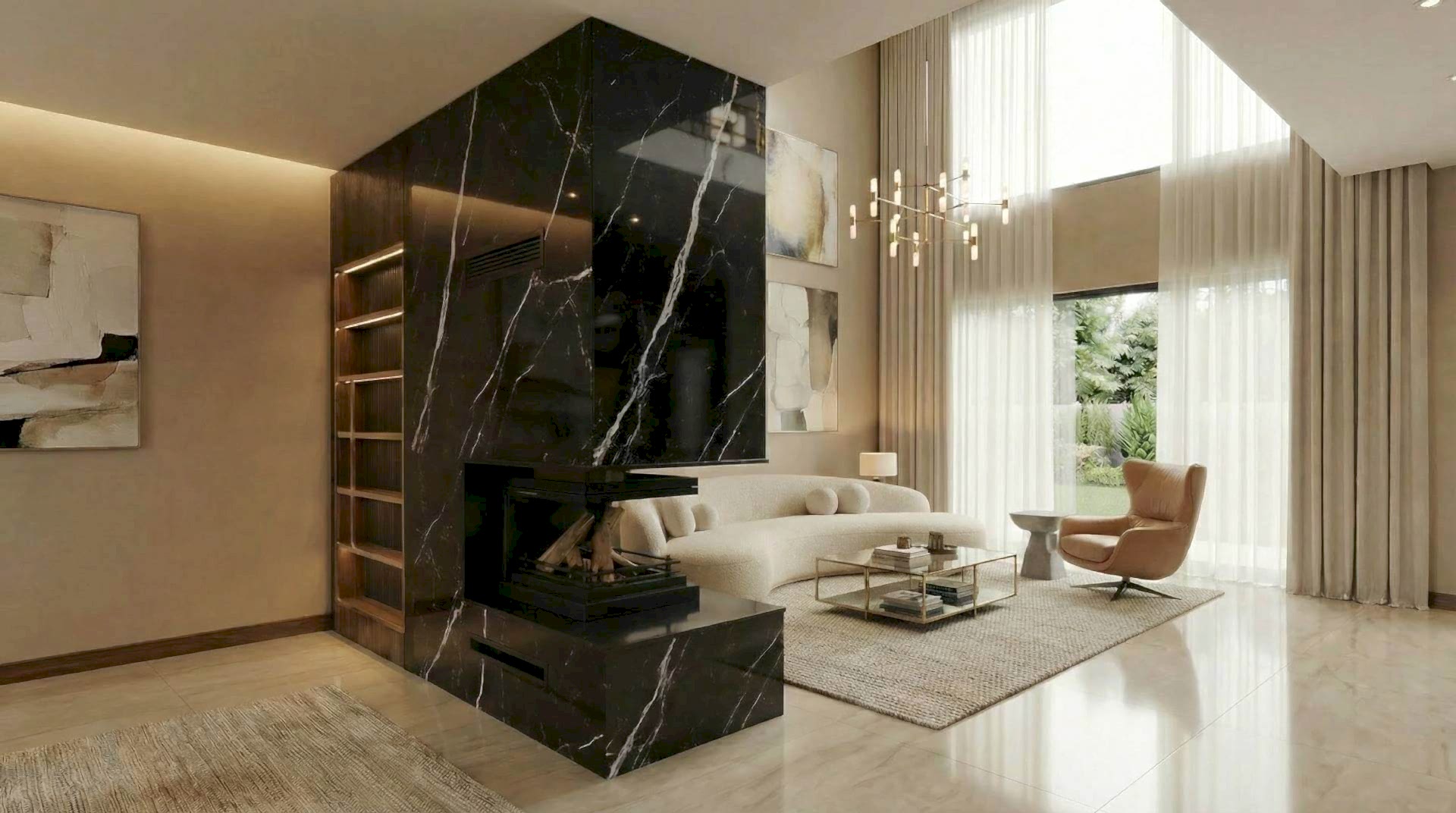 Üç tarafı açık camlı, U tipi modern şömine modelleri.